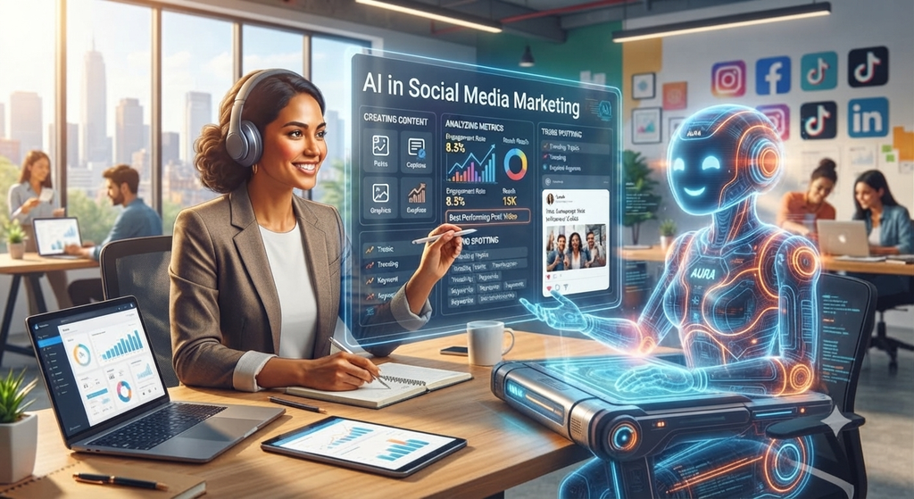 How AI Is Changing Digital Marketing is illustrated through a digital marketer working with an AI assistant to create social media content, analyze engagement metrics, identify trends, and improve marketing performance using data-driven insights.